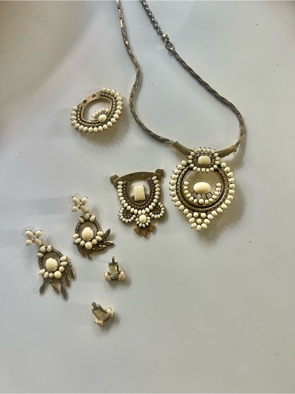 Cream and Gold Beaded Statement Necklace and Earring Set